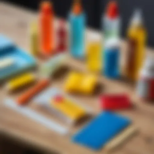 A close-up view of various types of stationery glues on a desk