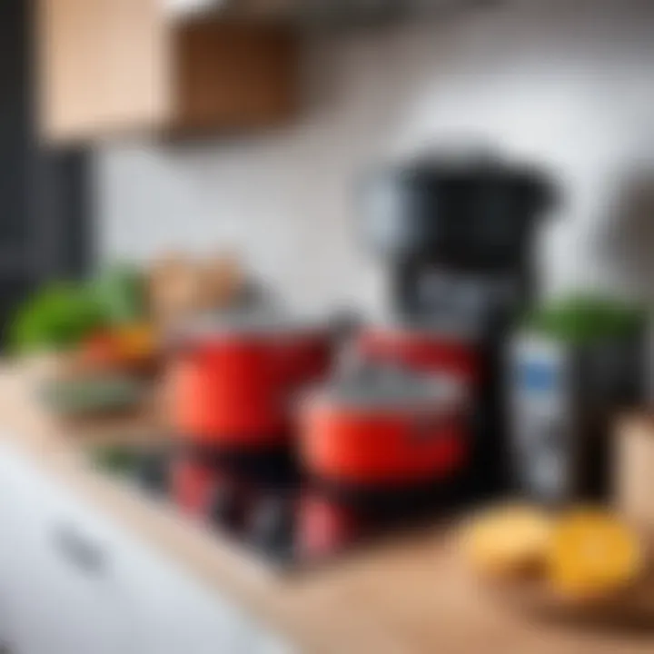 An organized kitchen featuring a steam cooker among other kitchenware.