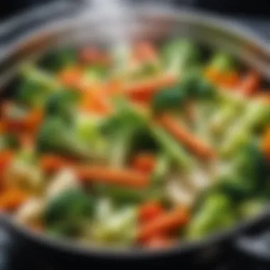 A fresh array of vegetables being steamed, highlighting their vibrant colors.