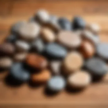 A variety of stones suitable for sauna use displayed on a wooden surface.