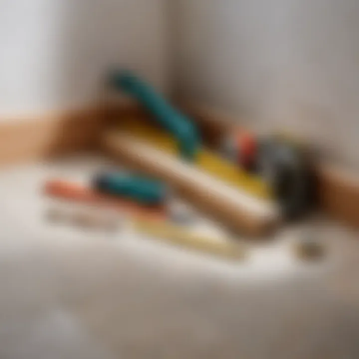 Tools needed for baseboard installation in a bathroom