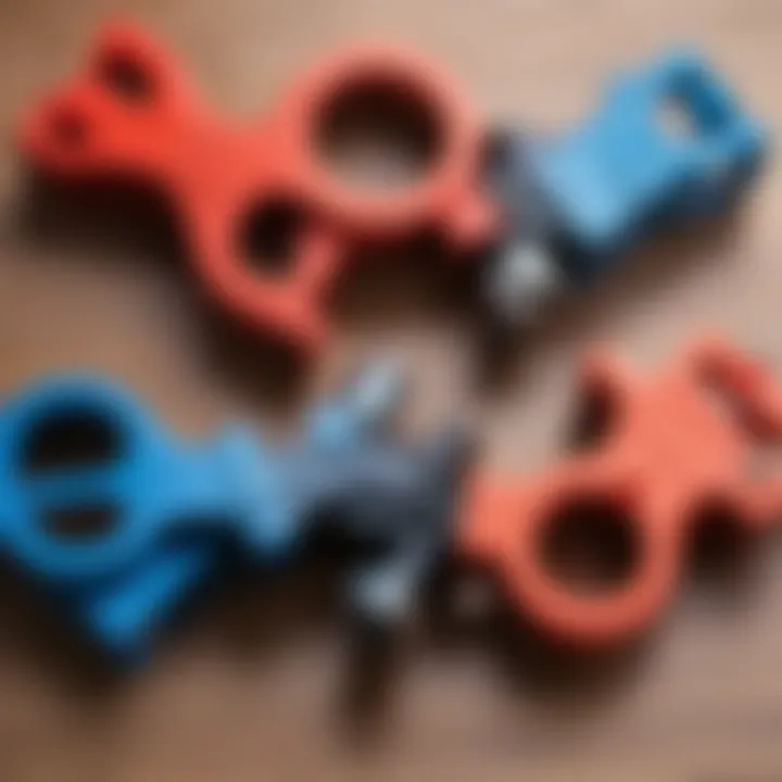 Different types of connecting insulating clamps arranged for comparison.