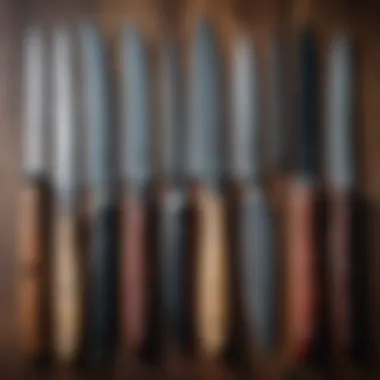 A variety of knives lined up for sharpening