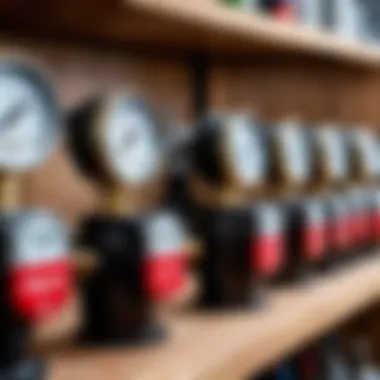 An array of different types of gas regulators displayed on a workbench.