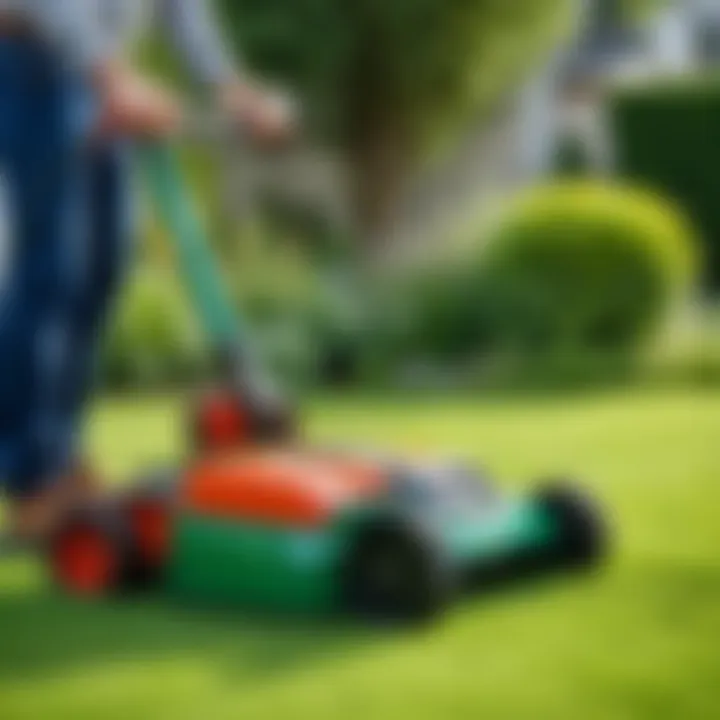 Vertical cutter in action on a garden lawn