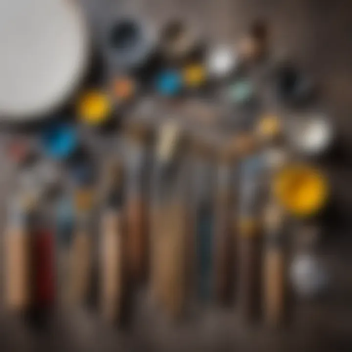 Various painting tools arranged on a surface