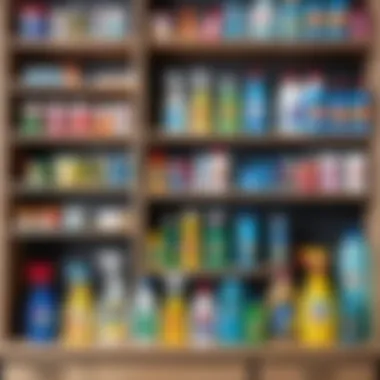 Diverse range of household cleaning products lined up on a shelf.