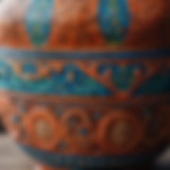 A close-up of intricate designs on a ceramic pot, highlighting craftsmanship.