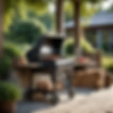 Inviting Outdoor Grilling Environment A scenic outdoor setting with a grill and a firewood setup