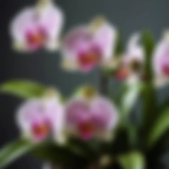 Close-up of a healthy orchid plant with lush green leaves.