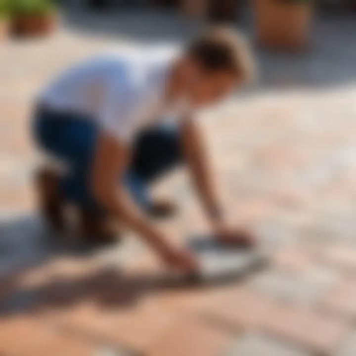 Homeowner examining paver tiles at a local store