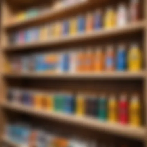 A variety of shoe adhesives displayed on a shelf