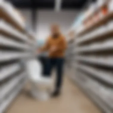 Shopping for Toilet Seats in Stores A shopper browsing toilet seats in a home improvement store