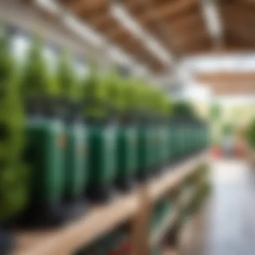 Assorted tree sprayers on display in a garden store