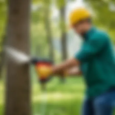 User demonstrating the application of a tree sprayer on a tree