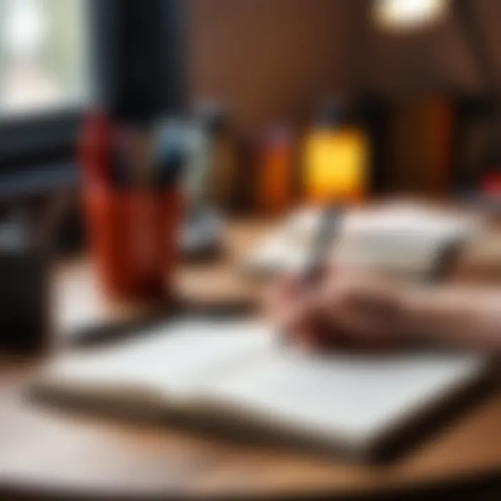 A creative workspace with notebooks and pens illustrating the writing process.